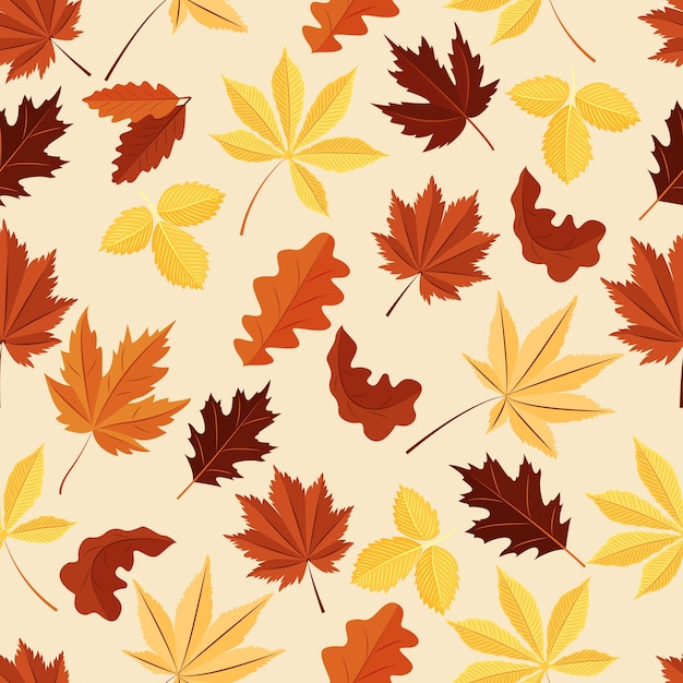 Patrón transparente de vector con hojas de otoño en colores naranja rojo marrón y amarillo