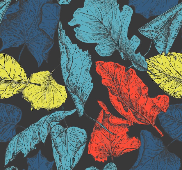 Patrón transparente de vector con hojas de otoño secas dibujadas a mano. hermosa ilustración sin fin de otoño en estilo boceto para textiles, estampados, paquete.