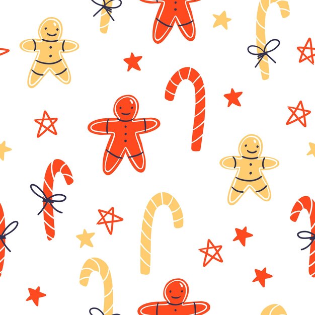 Patrón transparente de vector con hombres de pan de jengibre rojo y amarillo brillante y bastones rayados y estrellas Ideal para tarjetas navideñas carteles pancartas y otros diseños gráficos y web