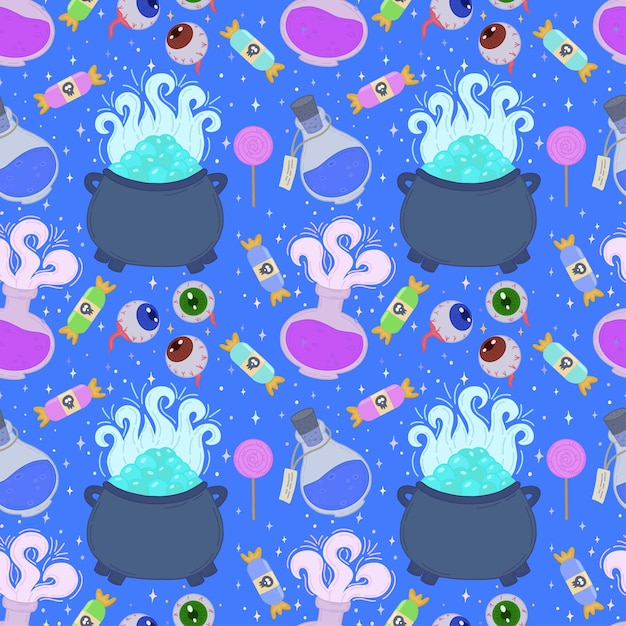 Patrón transparente de vector para iconos de Halloween con pociones ojos caramelos piruletas para Halloween