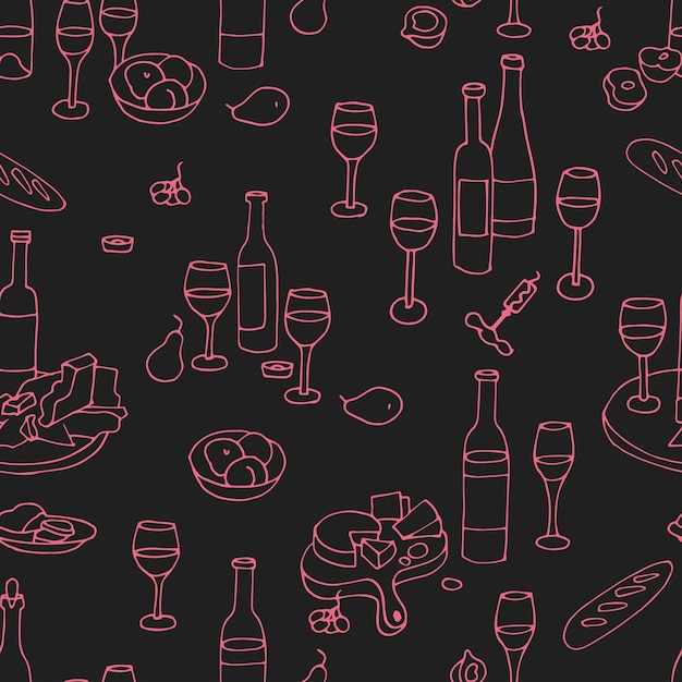 Patrón transparente de vector con iconos en juegos de vino de estilo lineal con botellas de copas de vino y platos con queso y frutas