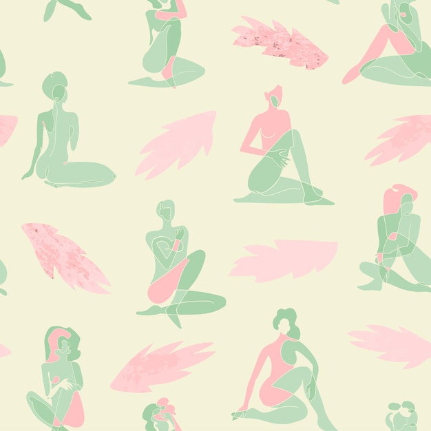 Patrón transparente de vector con ilustración colorida del cuerpo de la mujer silueta y hojas exóticas