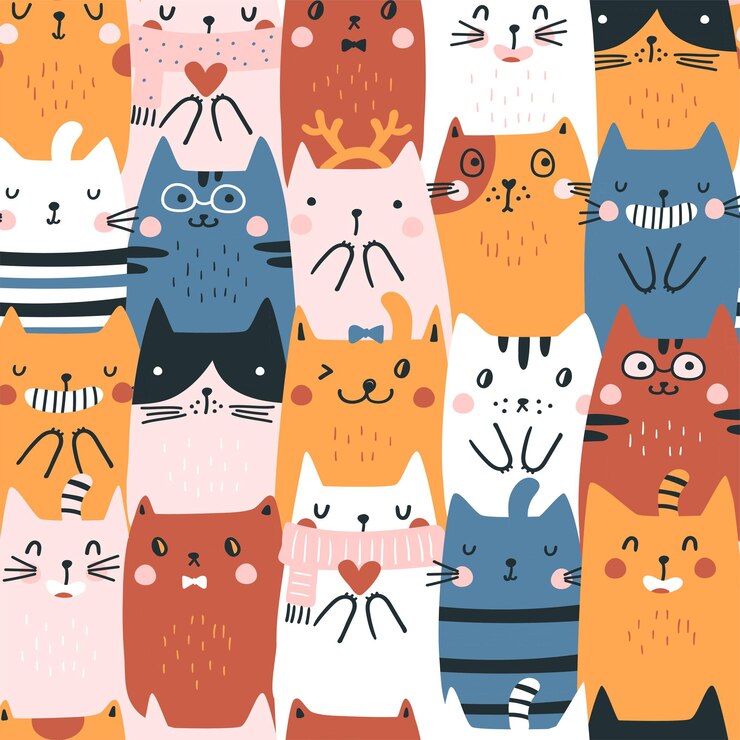Patrón transparente de vector con ilustraciones de gatos de sorteo de mano