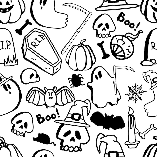 Patrón transparente de vector de imágenes prediseñadas de halloween patrón de Doodle dibujado a mano sobre el día de Halloween