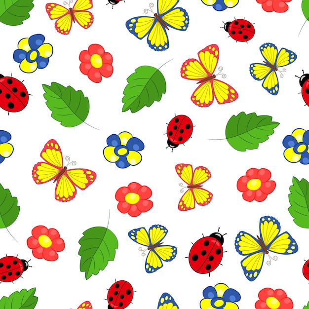 Patrón transparente de vector con insectos y flores de verano