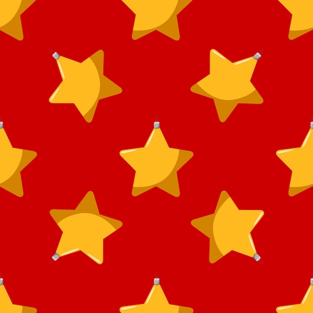 Patrón transparente de vector con un juguete de árbol de Navidad estrella amarilla sobre un fondo rojo.