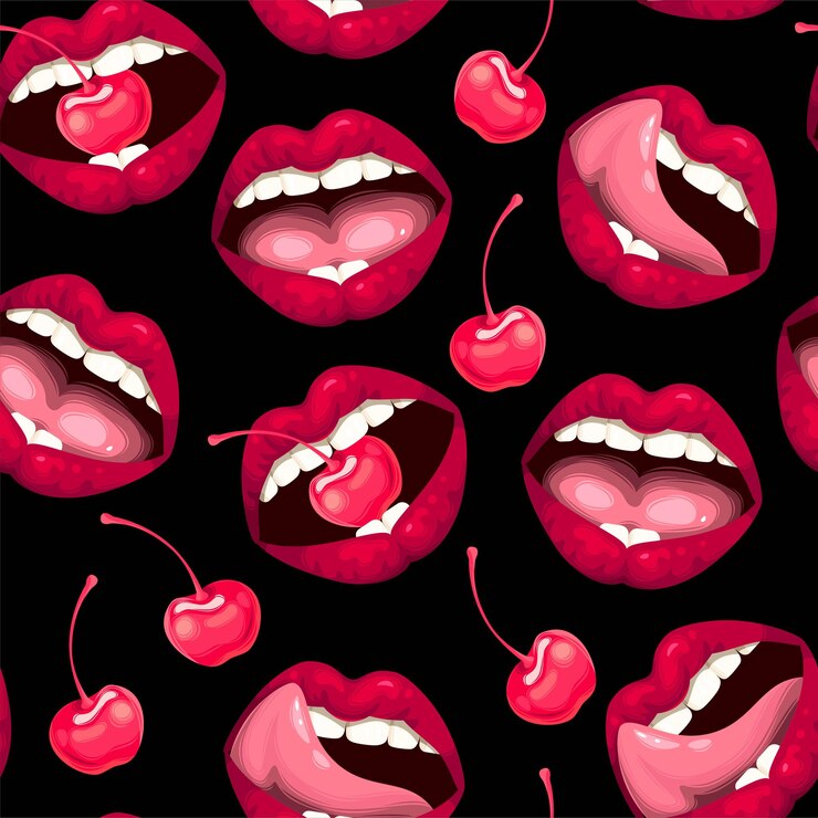Vector patrón transparente de vector con labios de mujer sexy y cereza