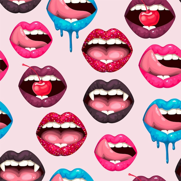 Patrón transparente de vector con labios de mujer sexy sobre fondo rosa
