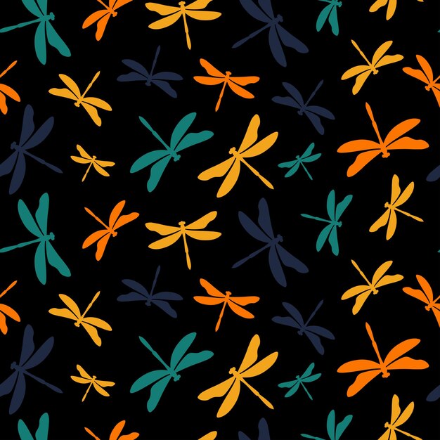 Patrón transparente de vector con libélulas de colores y fondo negro