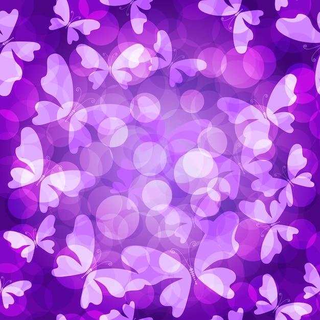 Patrón transparente de vector lila suave con efecto bokeh de mariposas translúcidas