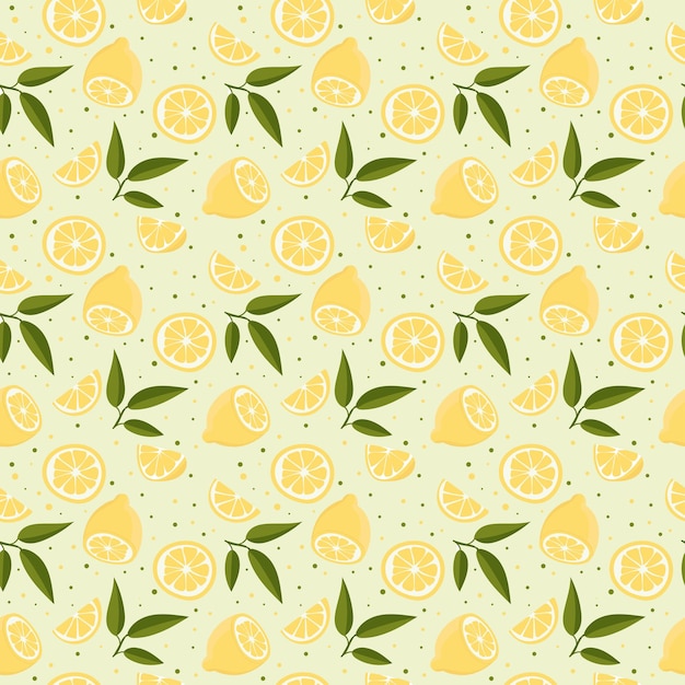 Patrón transparente de vector con limones y hojas sobre un fondo verde