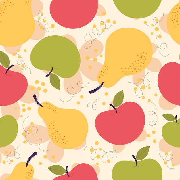 Patrón transparente de vector con lindas peras rojas y amarillas. cosecha de otoño, vegetariana, vitaminas, frutas, jugo de frutas. dibujado a mano ilustración plana