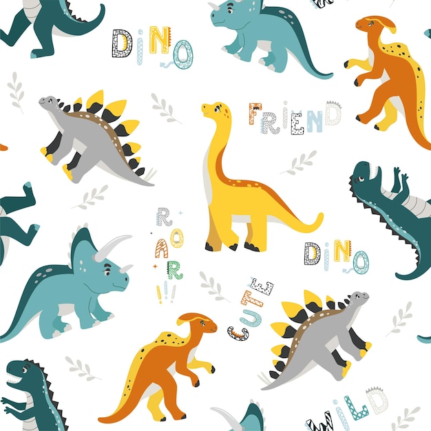 Patrón transparente de vector con lindas plantas de dinosaurios y citas cómicas de Dino en estilo escandinavo