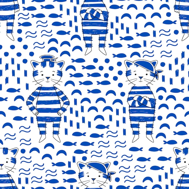 Patrón transparente de vector lindo gato. Fondo de estilo marino