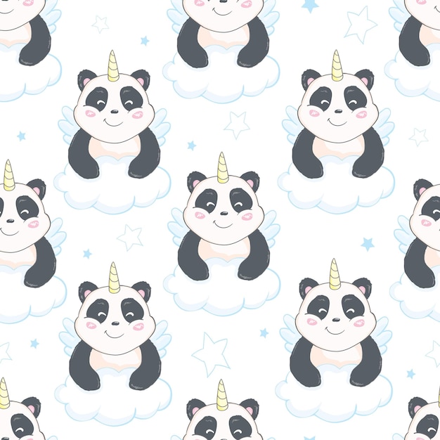 Patrón transparente de vector con lindo personaje de oso panda con cuerno de unicornio pandaunicorn en diseño plano de estilo de dibujos animados