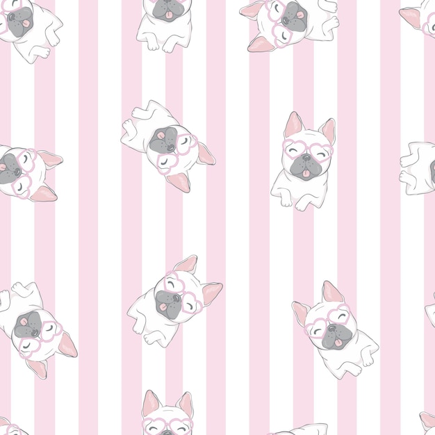 Patrón transparente de vector con lindos cachorros de perro de dibujos animados Se puede utilizar como tela de papel tapiz de fondo y para otro diseño Patrón de bulldog francés