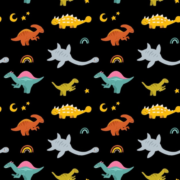 Patrón transparente de vector con lindos dinosaurios bebé Dibujado a mano spinosaurus plesiosaurus ankylosaurus velociraptor parasaurolophus Conjunto de dinosaurios de dibujos animados planos