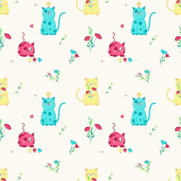 Patrón transparente de vector con lindos gatos de primavera