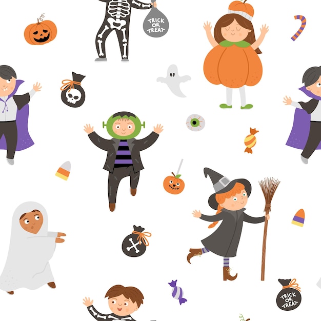 Vector patrón transparente de vector con lindos personajes de halloween. papel digital con niños disfrazados de miedo. fondo de víspera de todos los santos otoño divertido con vampiro, fantasma, calabaza, frankenstein.