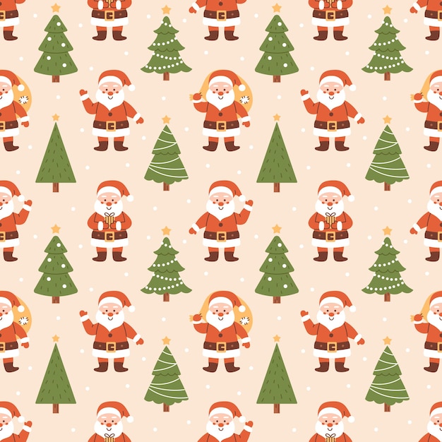 Patrón transparente de vector con lindos personajes sonrientes de Santa Claus y árboles de Navidad Personajes divertidos con sombrero rojo y abetos con decoraciones de fondo de Navidad y Año Nuevo