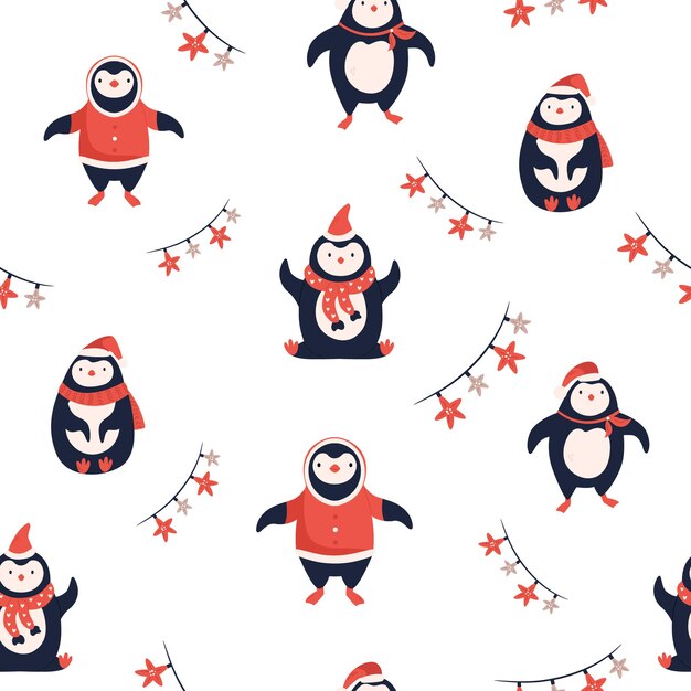 Patrón transparente de vector con lindos pingüinos divertidos