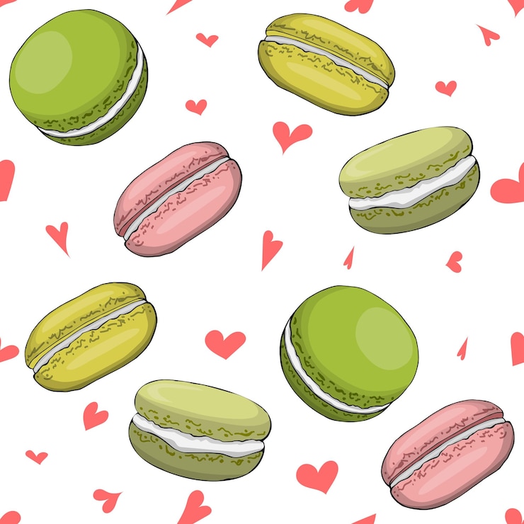 Vector patrón transparente de vector de macarrones y corazones
