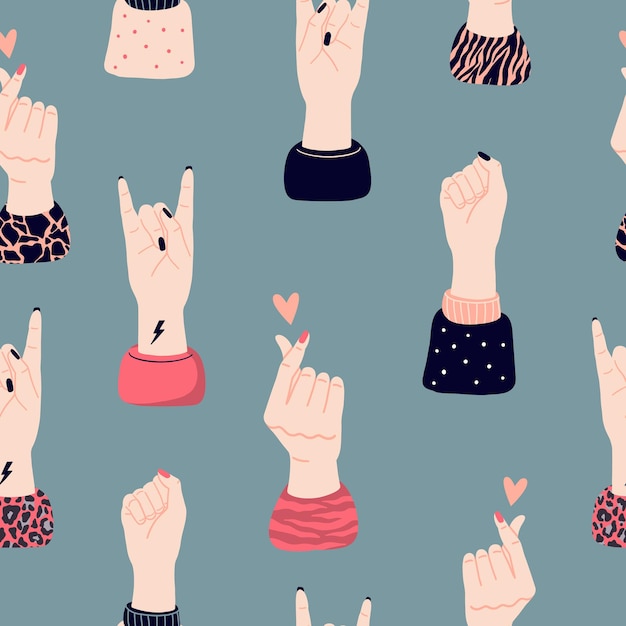 Patrón transparente de vector con manos de niñas y varios gestos. Concepto de feminismo y poder femenino. Día internacional de la mujer, protesta de niñas.