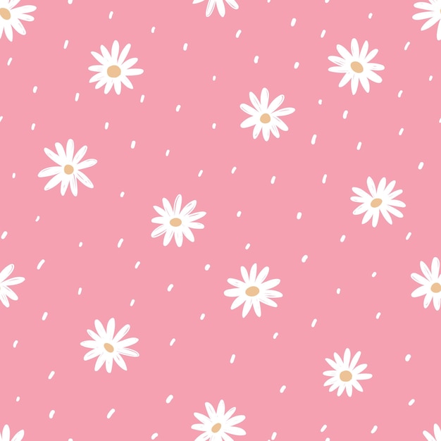 Patrón transparente de vector de manzanilla. Diminutas flores blancas sobre fondo rosa.