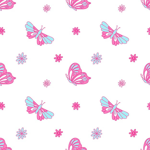 Patrón transparente de vector con mariposas y flores de margarita. Nostalgia por los 2000 años. estilo Y2k