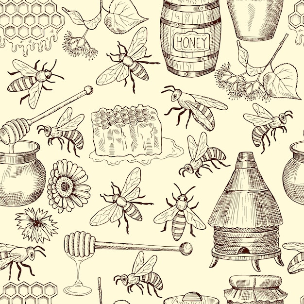 Patrón transparente de vector con miel, abejas y panal