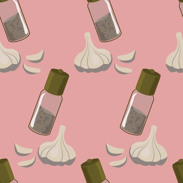 Patrón transparente de vector con molinillos de pimienta y ajo en rosa