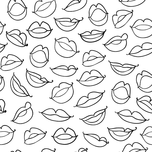 Patrón transparente de vector monocromo con labios de boceto de contorno sobre fondo blanco