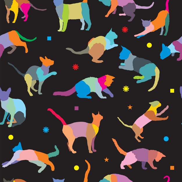 Patrón transparente de vector con mosaico de colores de diferentes razas de gatos y diferentes figuras geométricas, sobre fondo negro