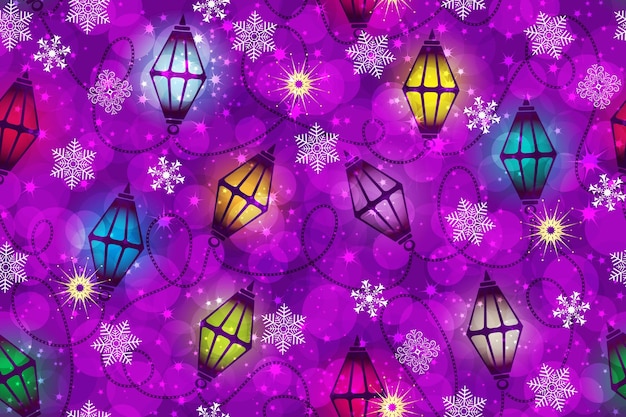 Patrón transparente de vector de Navidad con una guirnalda brillante de linternas de colores