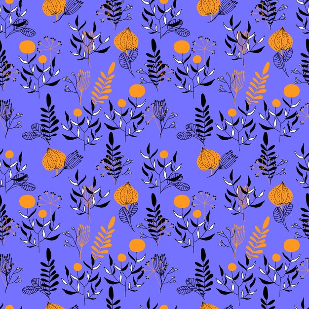 Patrón transparente de vector negro y amarillo con ramitas hojas y hierbas physalis con bayas