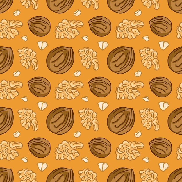 Patrón transparente de vector de nueces de dibujos animados sobre un fondo amarillo El patrón es adecuado para textiles y embalaje