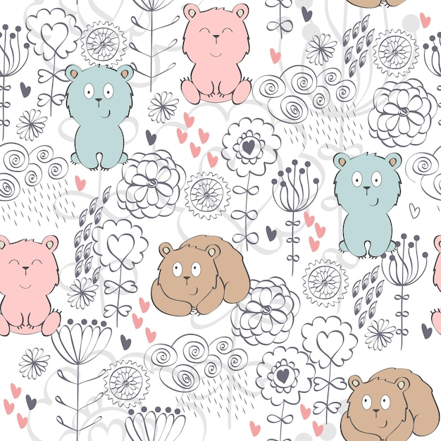 Patrón transparente de vector con oso y flores