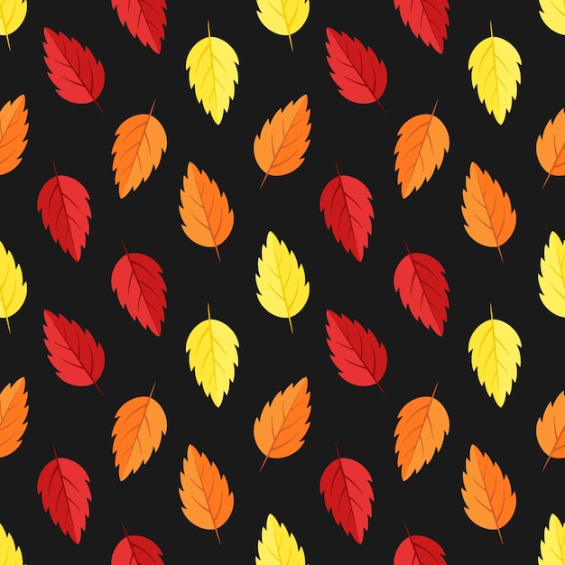 Patrón transparente de vector de otoño Hojas de otoño rojas, amarillas y naranjas sobre fondo negro