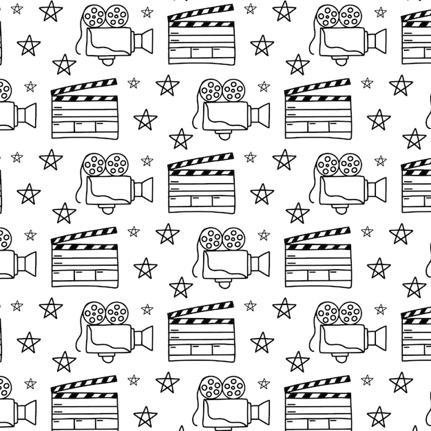 Patrón transparente de vector con patrón de cine de película de cámara en estilo doodle