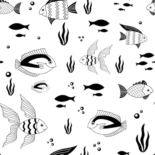 Vector patrón transparente de vector con peces de dibujos animados en blanco y negro