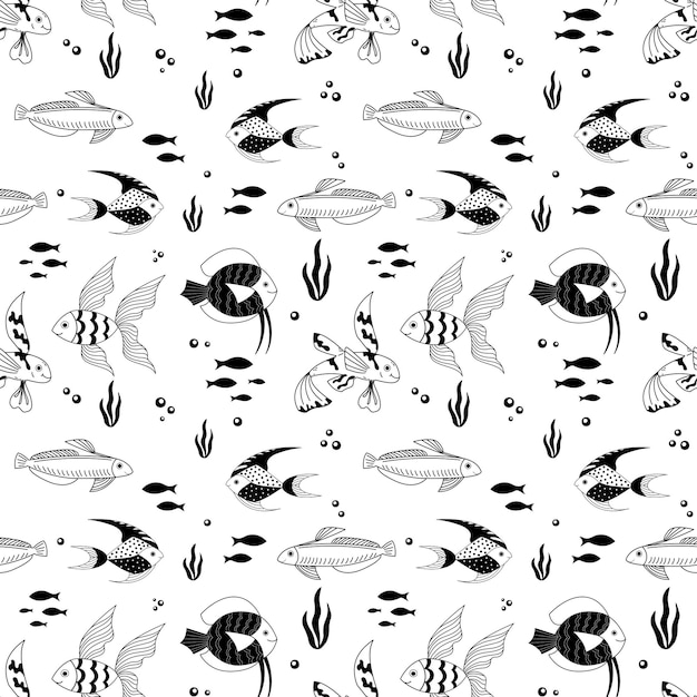 Vector patrón transparente de vector con peces de dibujos animados en blanco y negro