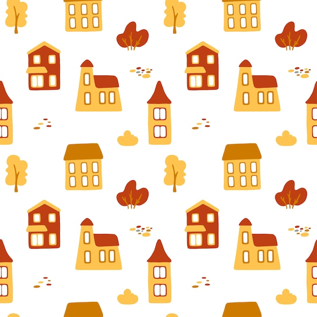 Patrón transparente de vector con pequeñas casas de dibujos animados y plantas en colores rojo y amarillo