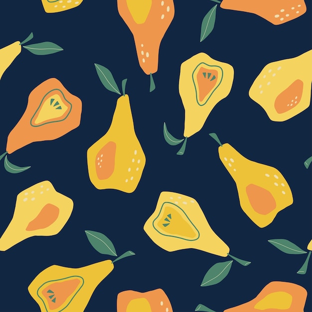 Patrón transparente de vector con peras abstractas sobre el fondo oscuro. Fruta de estilo plano. Dibujado a mano