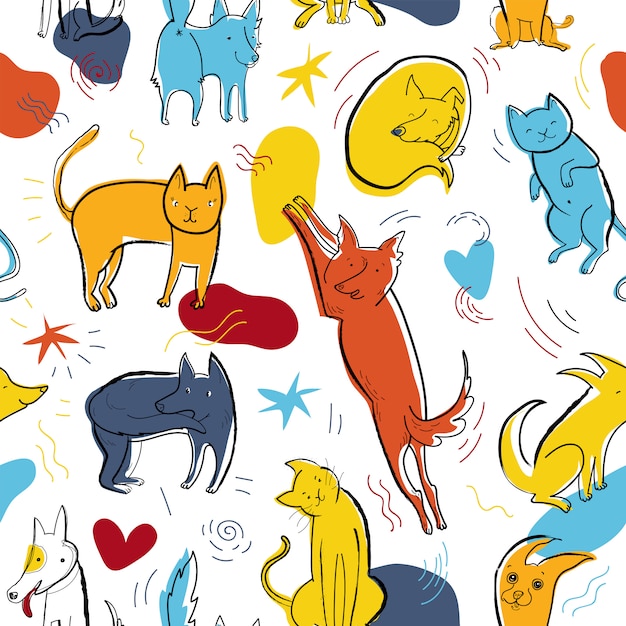 Patrón transparente de vector con perros y gatos de color lindo en diferentes poses y emociones