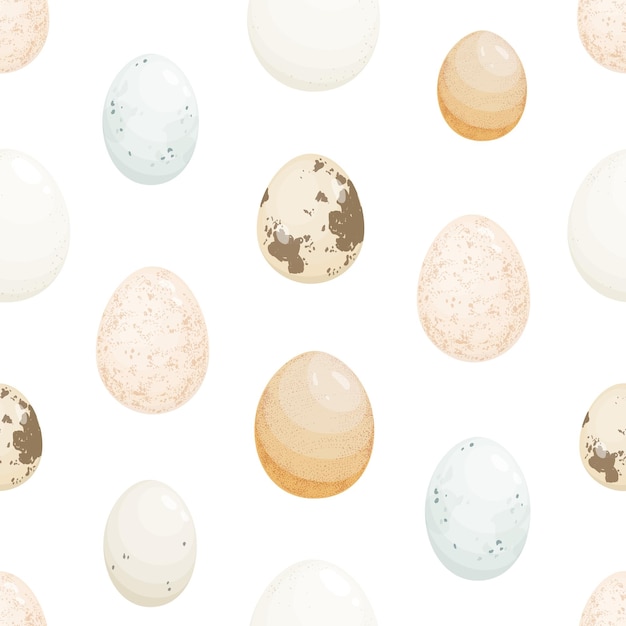 Patrón transparente de vector plano de huevos de aves domésticas. Textura de ingrediente de desayuno tradicional. Fondo decorativo de huevos de pollo, codorniz, ganso, pato y avestruz. Papel pintado creativo, diseño textil.