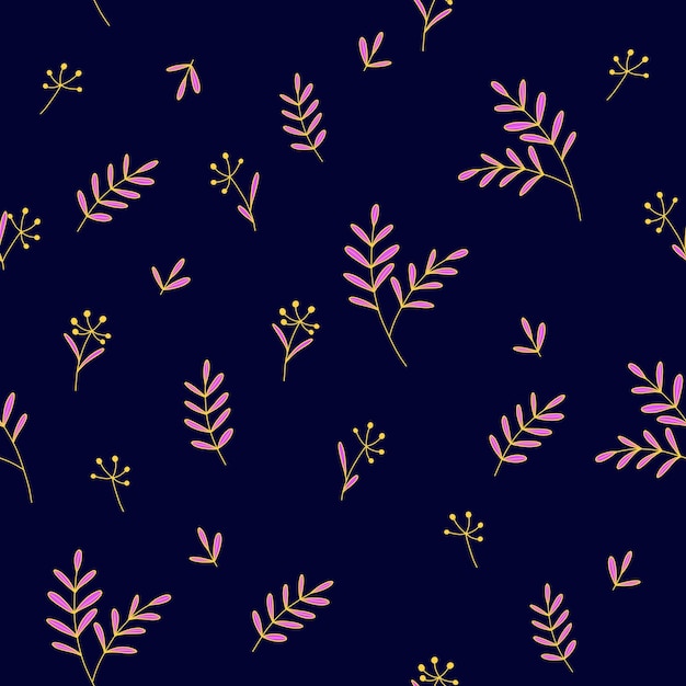 Patrón transparente de vector con plantas amarillas y ramas con hojas de color rosa sobre un fondo azul oscuro