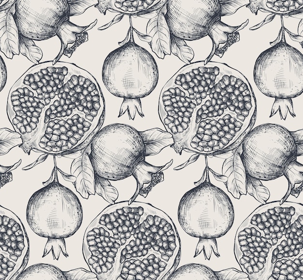 Patrón transparente de vector con ramas de flores de frutas de granada Ilustración en blanco y negro dibujada a mano en estilo boceto Fruta natural jugosa grabada Diseño cosmético paquete de medicina cuidado de la piel