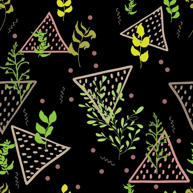 Patrón transparente de vector de ramas hojas y triángulos abstractos zigzags con dotsBackground para tela textil papel tapiz papel primavera invitaciones y tarjetas Colores verdes naturales