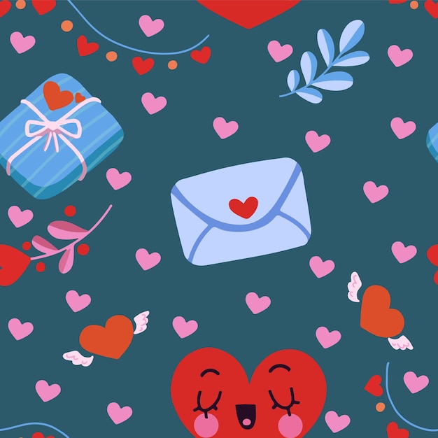 Patrón transparente de vector con un regalo, corazones, una carta de amor en un sobre, plantas para el día de San Valentín.