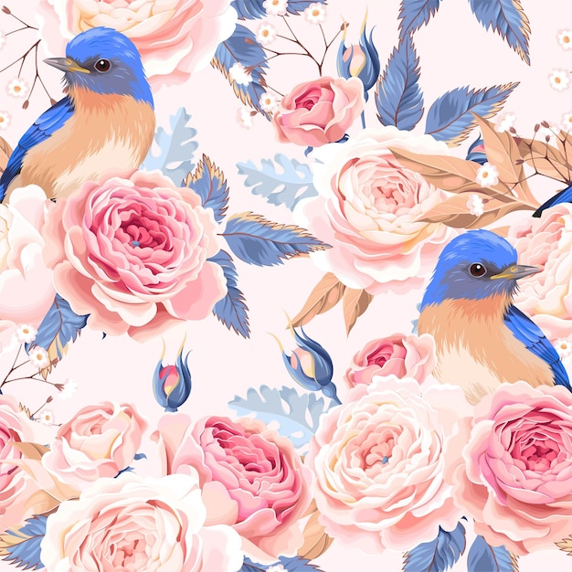 Patrón transparente de vector con rosas y aves